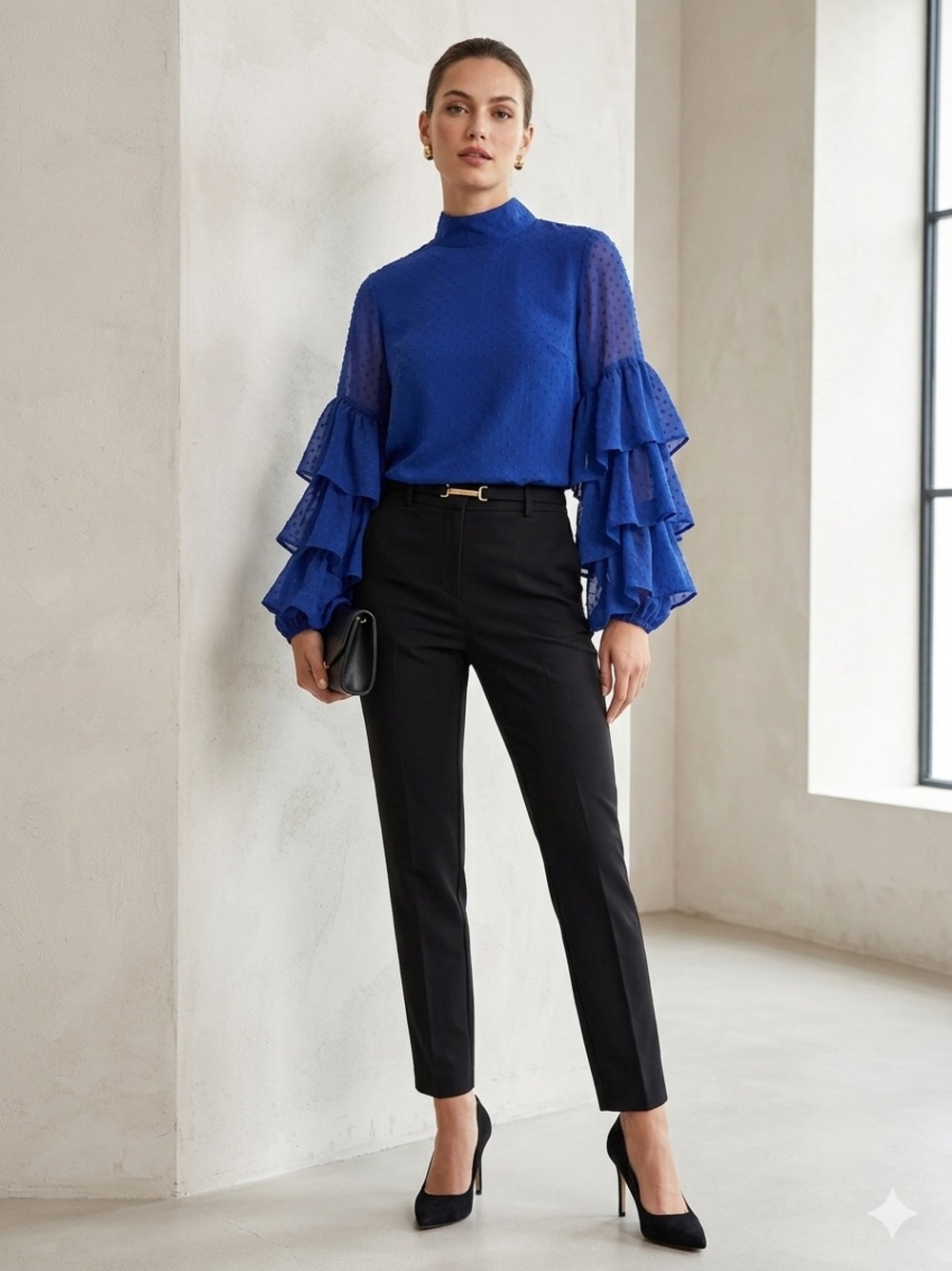 H&M Wide Plumeti Ruffle Sleeve Blouse Mock Neck Cobalt Blue Chiffon  US 2 EUC